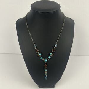 VTG Lariat necklaces Blue, Green And Amber Bead Gold Tone Necklace Avon